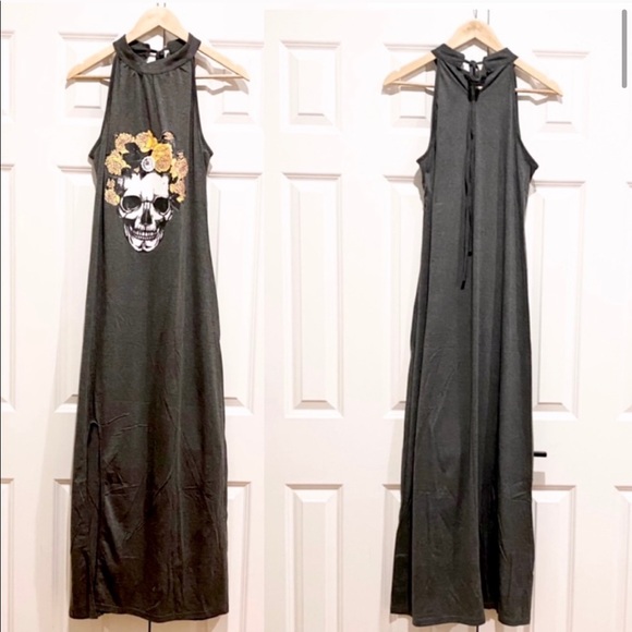 Skull & Roses Maxi Dress NEW Charcoal Gray - Picture 6 of 11